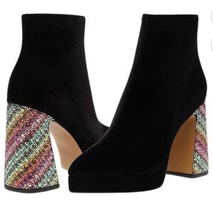 New Betsey Johnson Raylan Black Multicolor Rhinestone Block Heel Booties Size 6